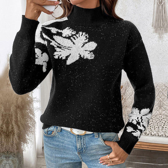 Damen Strickpullover mit floralem Muster und hohem Kragen R&B