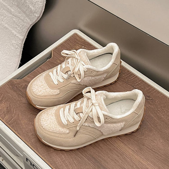 Damen sportliche Sneaker mit kuscheligem Fellkragen und rutschfester Gummisohle R&B