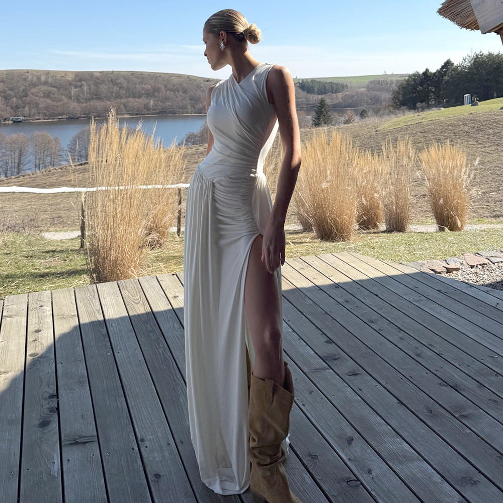 Damen Elegantes langes Kleid mit drapiertem Rock und seitlichem Schlitz R&B