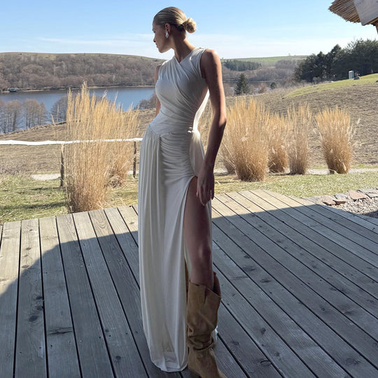 Damen Elegantes langes Kleid mit drapiertem Rock und seitlichem Schlitz R&B