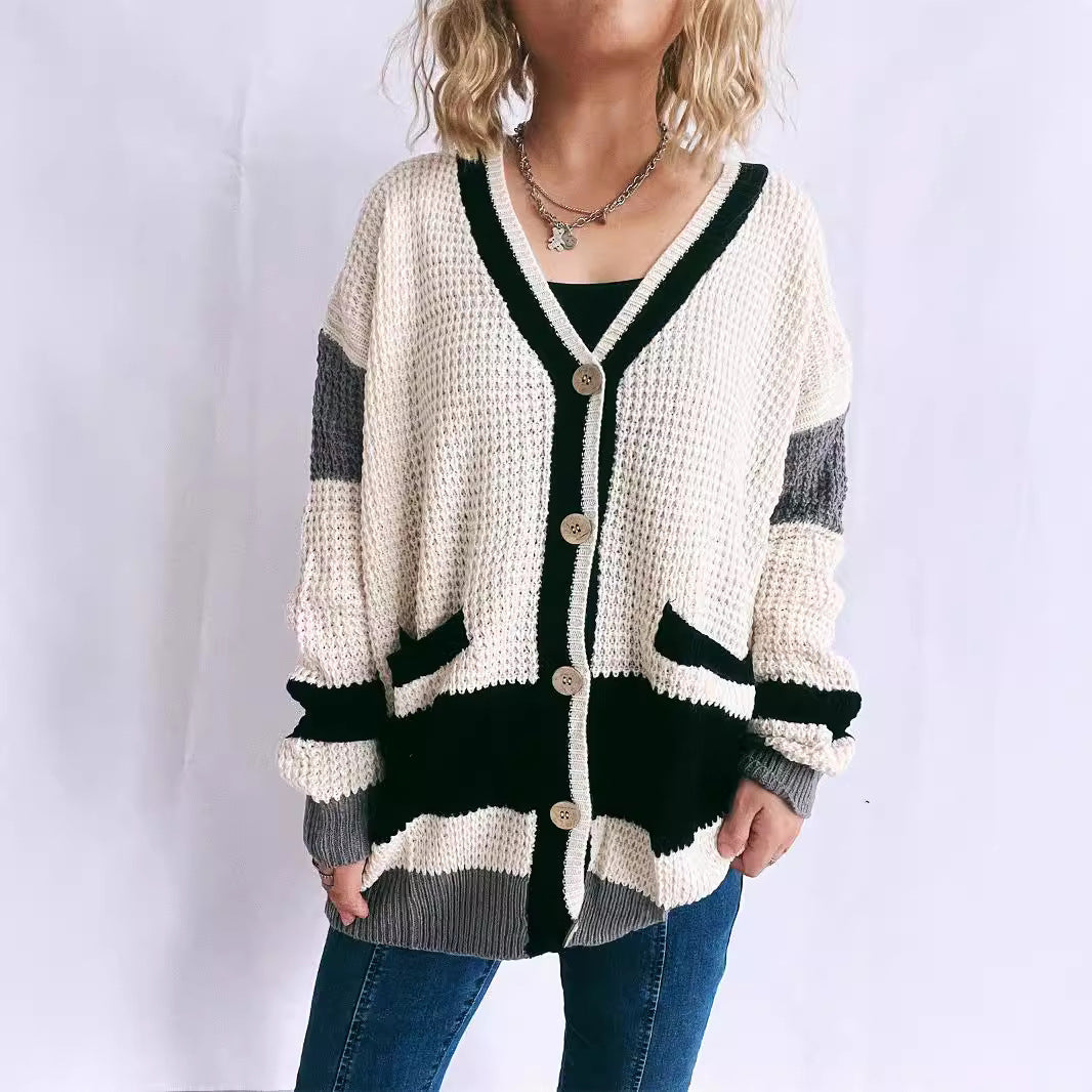 Damen Strickjacke mit modernen Streifenmustern und praktischen Taschen R&B