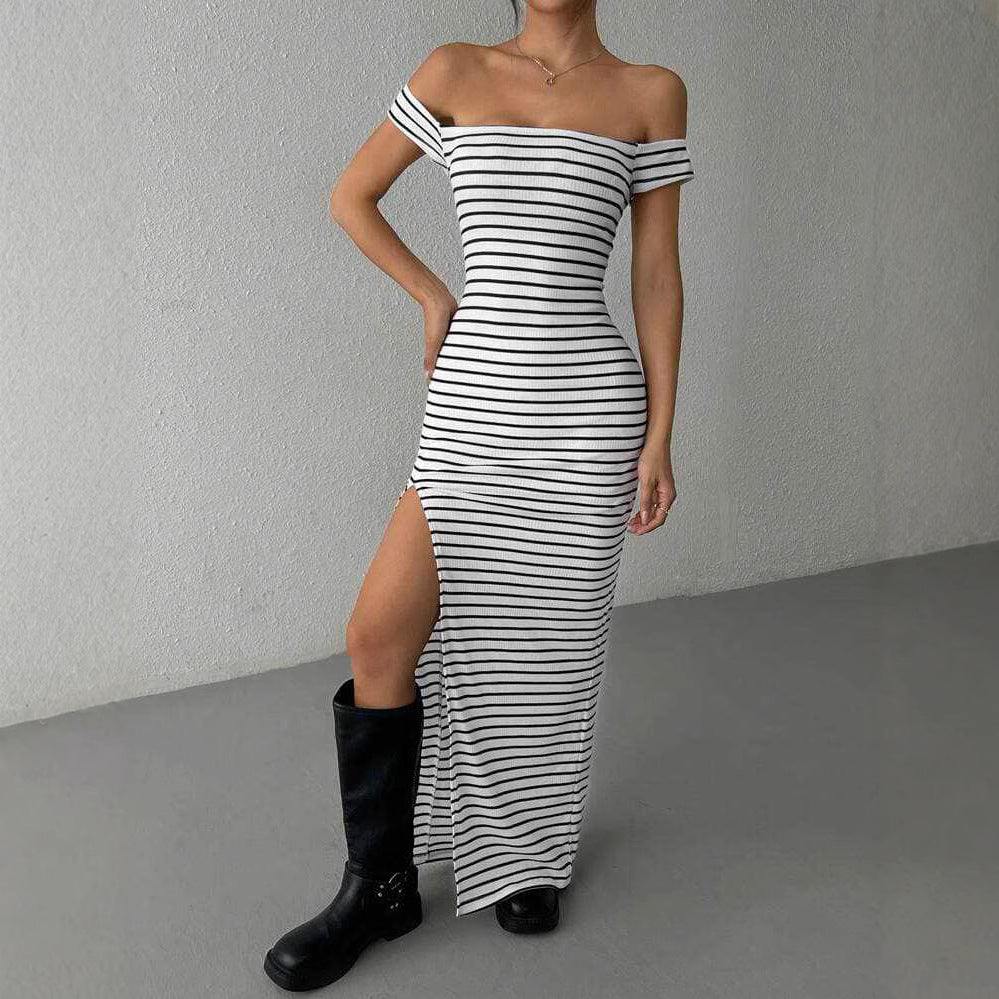 Damen Figurbetontes Kleid mit Off-Shoulder-Ausschnitt und Schlitz R&B