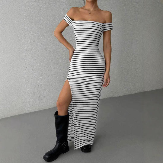 Damen Figurbetontes Kleid mit Off-Shoulder-Ausschnitt und Schlitz R&B
