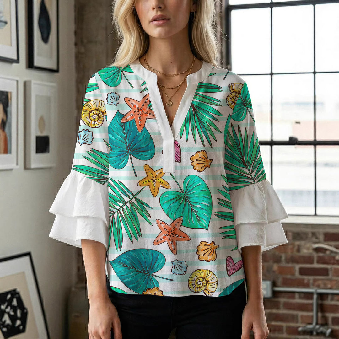 Damen Bluse mit voluminösen Rüschenärmeln und modernem Motiv R&B