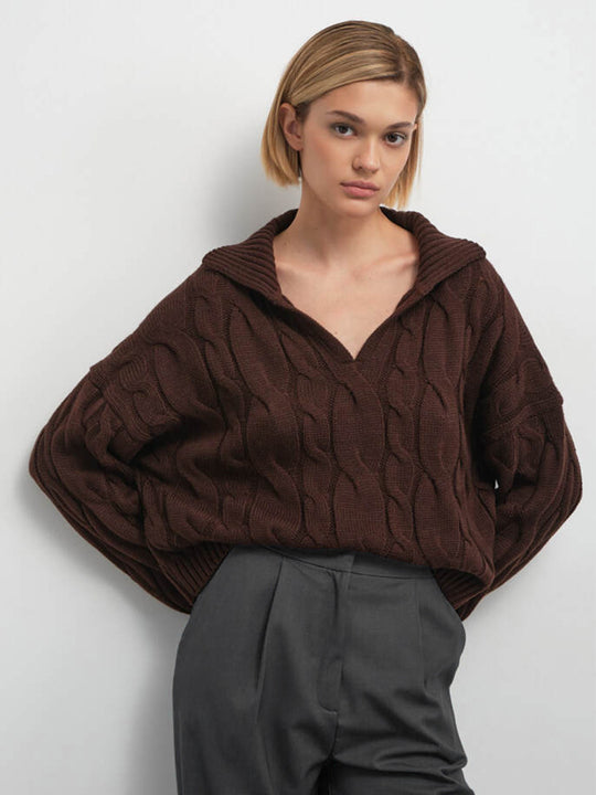 Damen Hoher Kragen Strickpullover mit Zopfmuster R&B