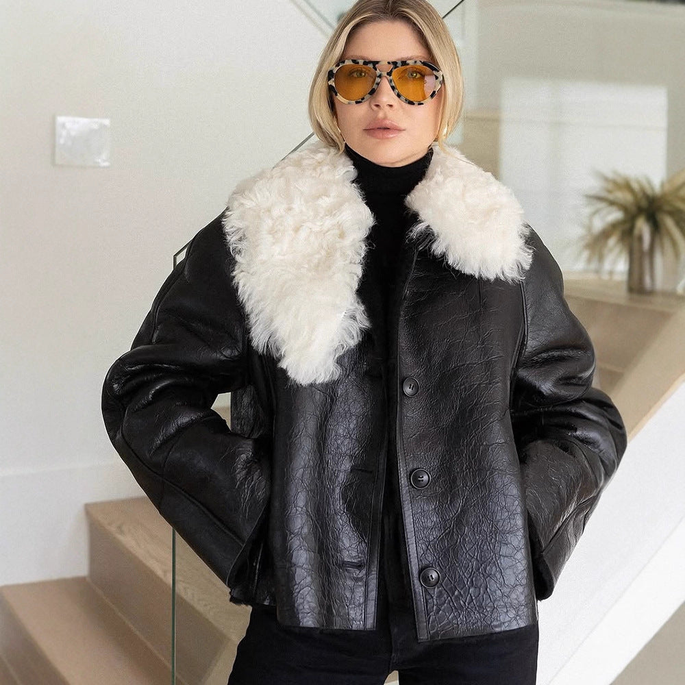Damen luxuriöse Kunstlederjacke mit weichem Pelzkragen R&B