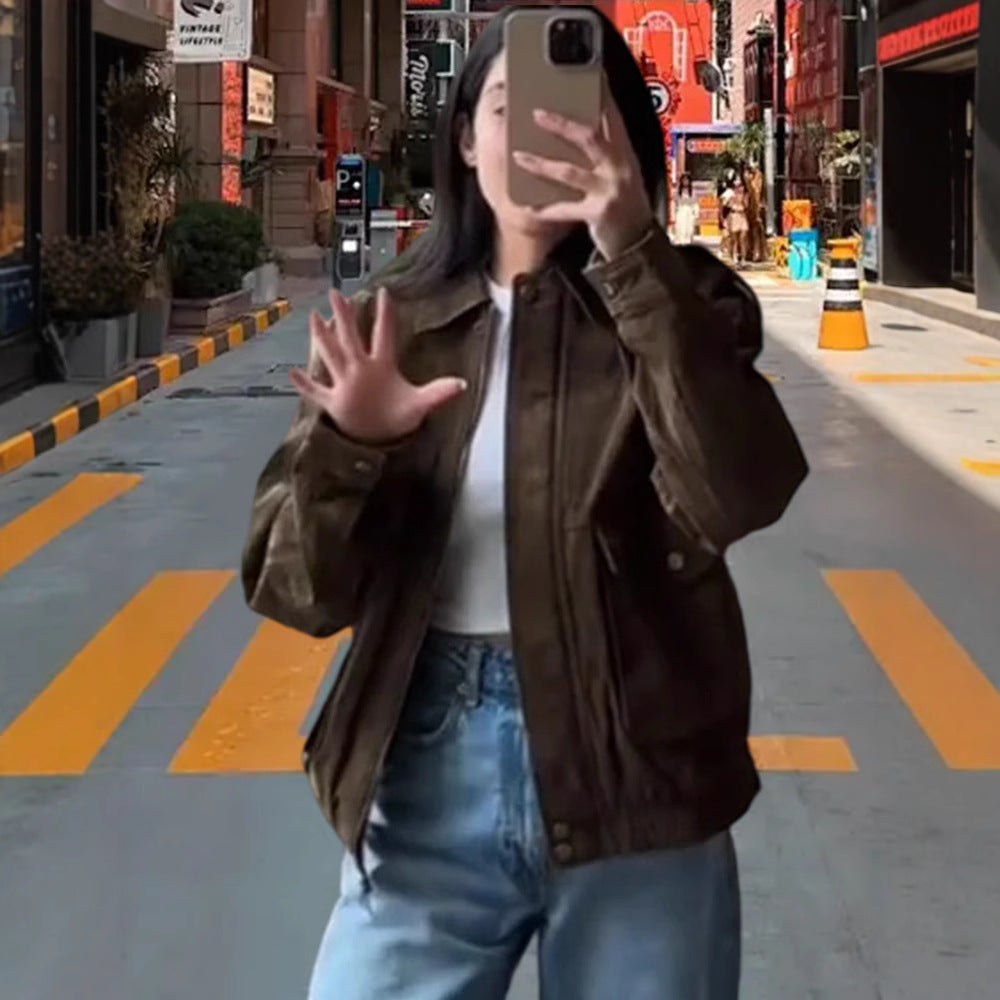 Damen Modische Kunstlederjacke mit lässigem Schnitt und praktischen Taschen R&B