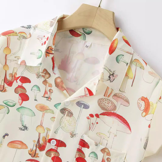 Damen Langarm Hemd mit kreativem Pilzmuster und hochwertigen Materialien R&B