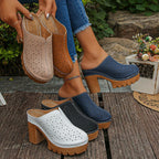 Damen Offene Clogs mit floralem Cut-Out Design und klobigem Absatz R&B
