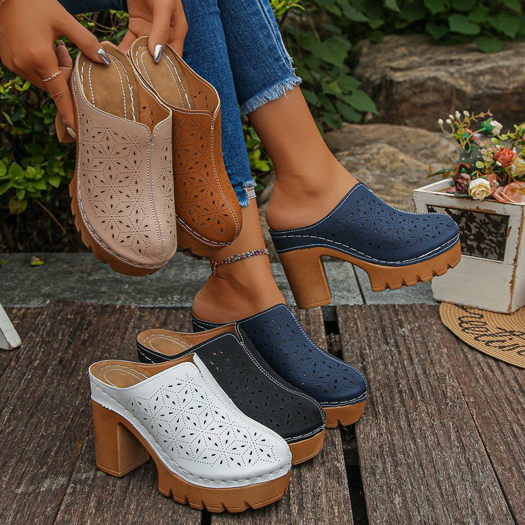 Damen Offene Clogs mit floralem Cut-Out Design und klobigem Absatz R&B
