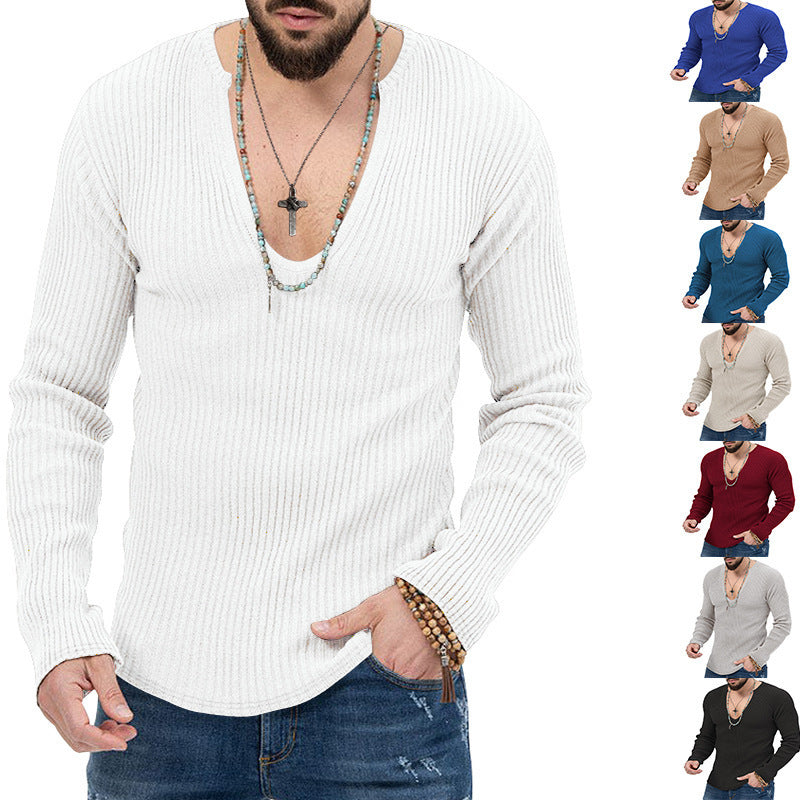 Herren Langarm-Rippenpullover mit tiefem V-Ausschnitt und modernem Schnitt R&B