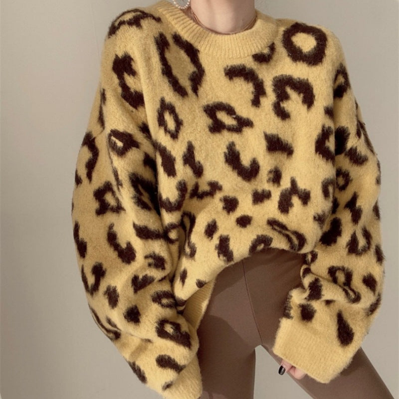 Damen Flauschiger Leopardenmuster Pullover