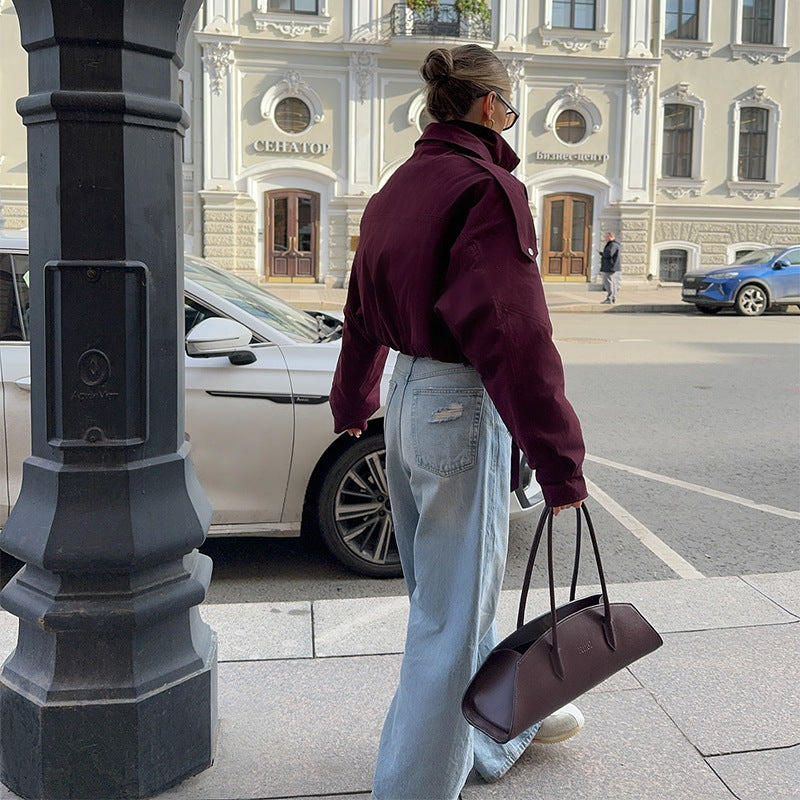Damen Modische Übergangsjacke mit hohem Kragen und Taillengürtel R&B