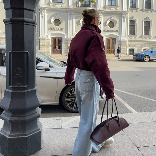Damen Modische Übergangsjacke mit hohem Kragen und Taillengürtel R&B