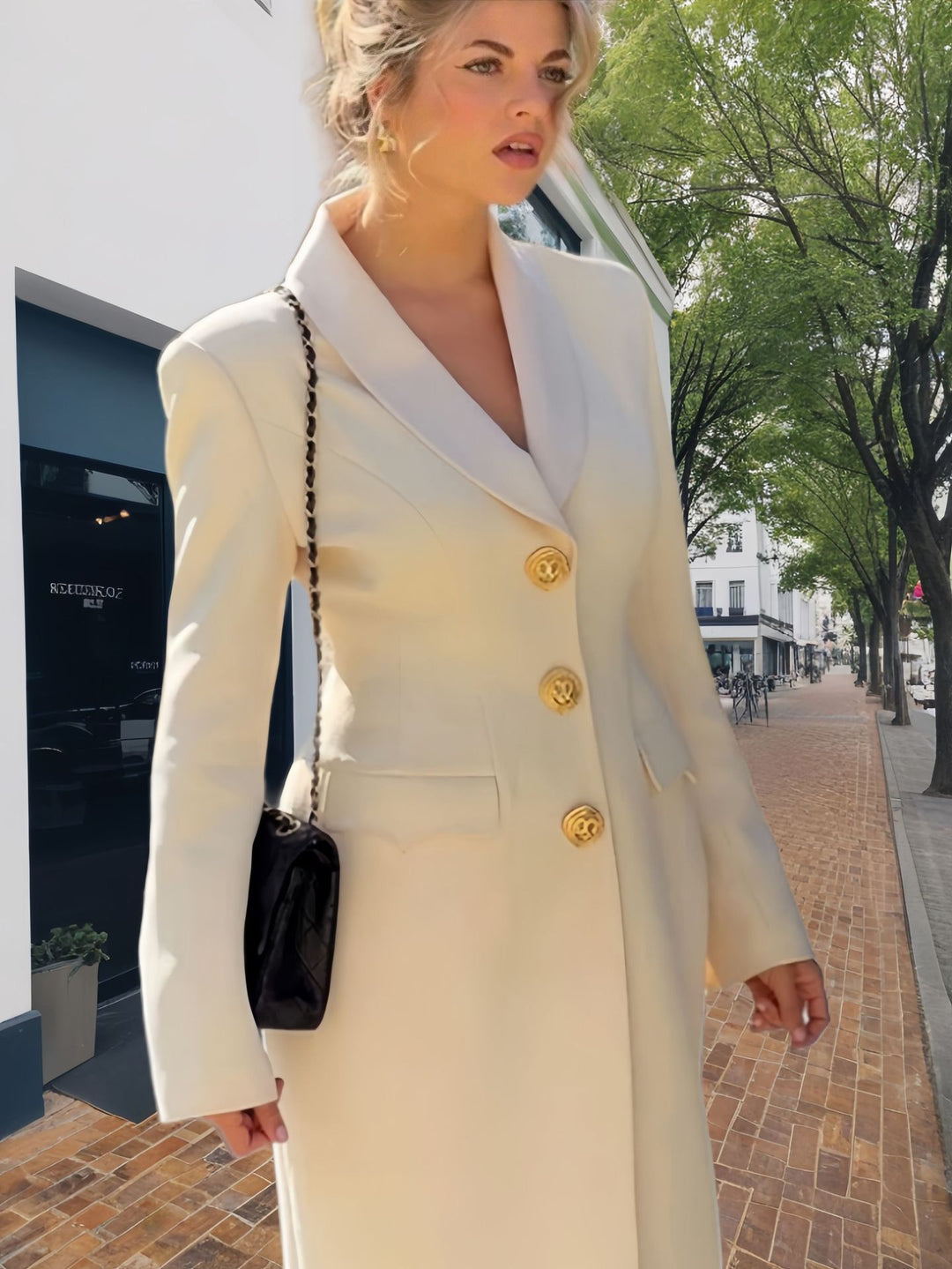 Damen Eleganter Langmantel mit goldenen Knöpfen und klassischem Schnitt R&B