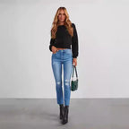 Damen modische High-Waist Jeans mit lässigem Destroyed-Look R&B