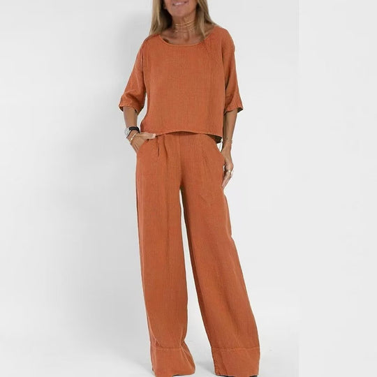 Damen luftiges Leinen-Ensemble mit weitem Schnitt und praktischen Taschen R&B