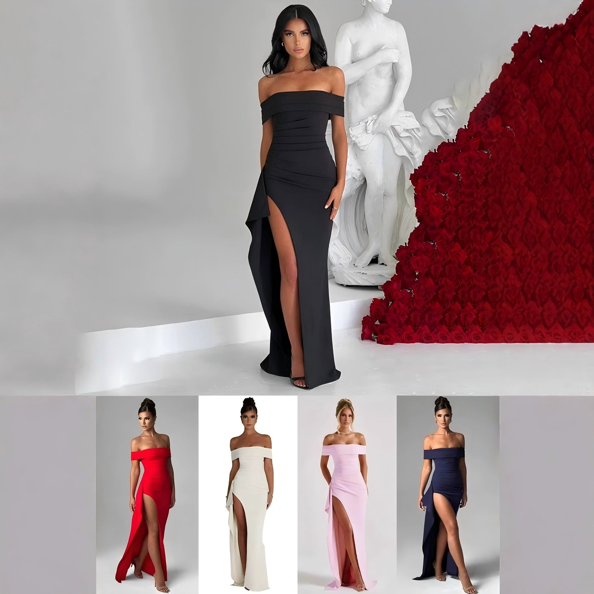 Damen Elegantes Off-Shoulder Abendkleid mit hohem Schlitz und tailliertem Schnitt R&B