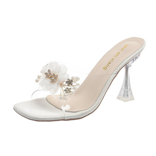 Damen elegante und transparente Sandaletten mit floralem Schmuck R&B