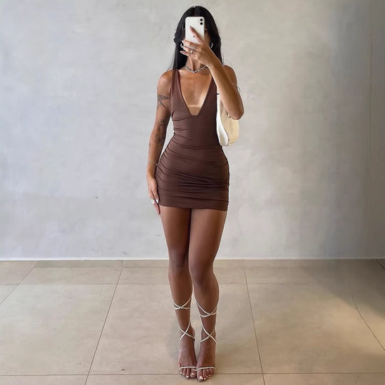 Damen figurbetontes Minikleid mit tiefem V-Ausschnitt und Raffung R&B