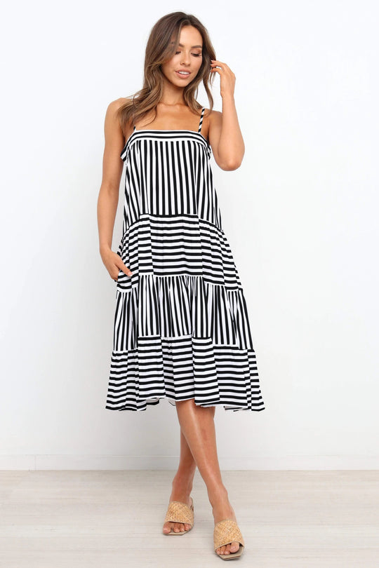 Damen luftiges Maxikleid aus Baumwolle mit gestreiftem Volantdesign R&B