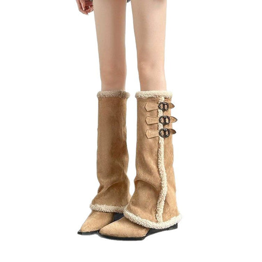Damen hohe Stiefel mit weichem Kunstfellkragen und detaillierter Schnürfront R&B