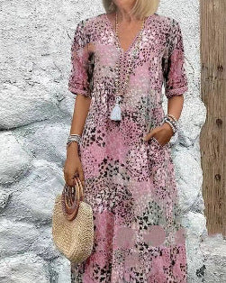 Damen Elegantes Maxikleid mit tiefem V-Ausschnitt und kurzen Ärmeln R&B