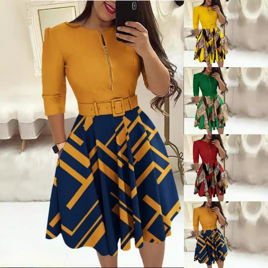 Damen Midikleid mit geometrischem Schnitt und tailliertem Gürtel R&B