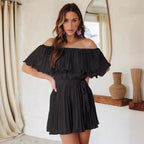 Damen Plissiertes Minikleid mit schulterfreien Puffärmeln und Taillengürtel R&B
