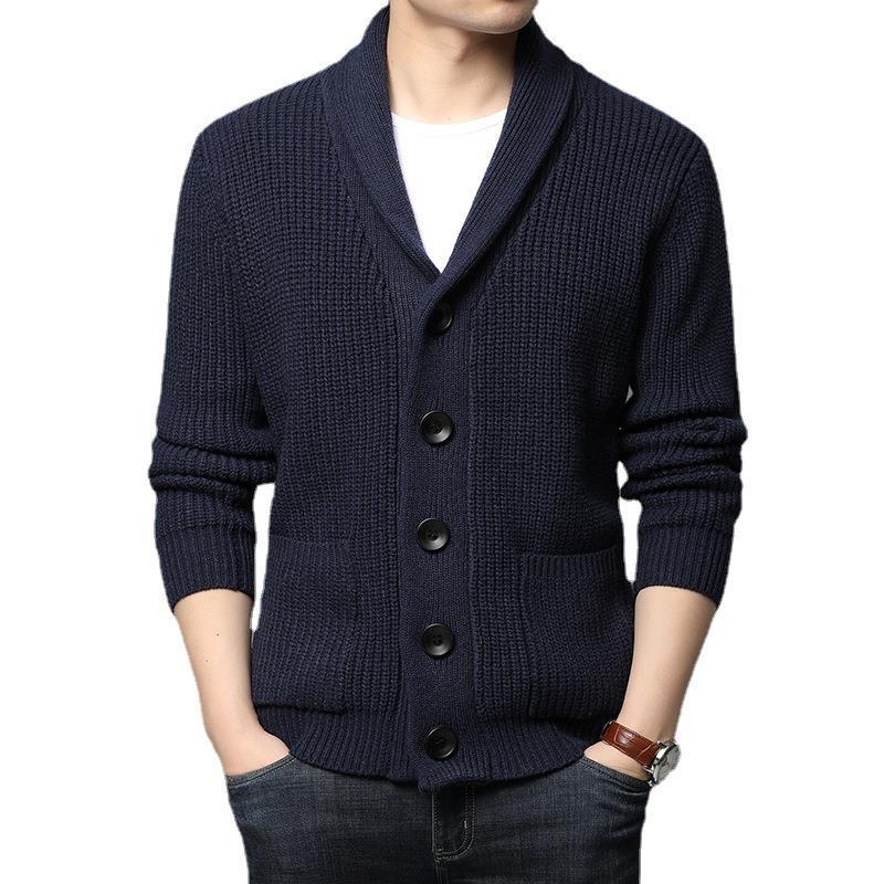 Herren kuschelige Strickjacke mit schickem Kragen und funktionalen Taschen R&B