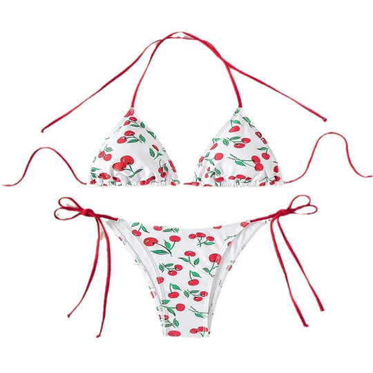 Damen Triangel-Bikini mit fröhlichem Kirschmuster und verstellbaren Bindebändern R&B