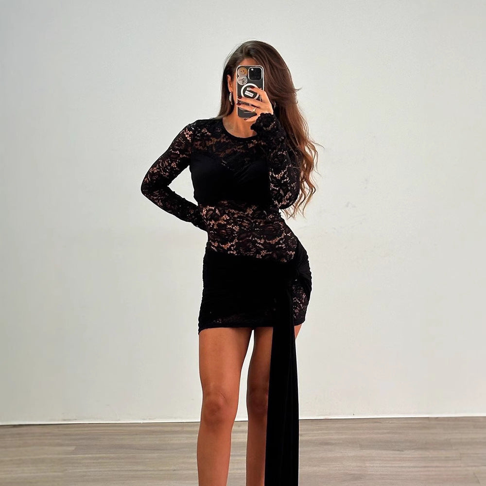 Damen Sexy Spitzen-Dress mit Wickel-Detail R&B