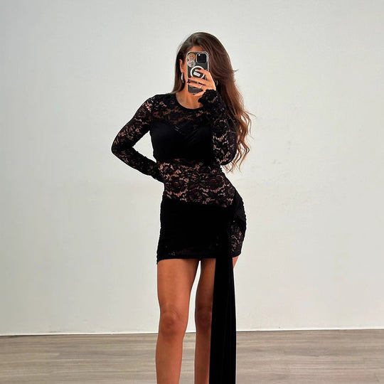 Damen Sexy Spitzen-Dress mit Wickel-Detail R&B