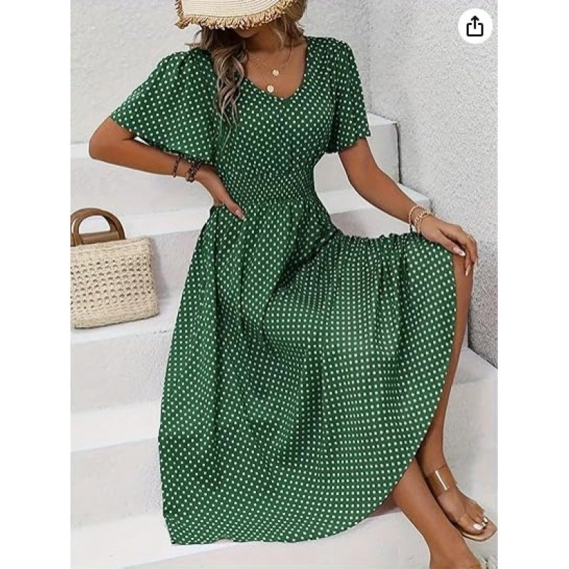 Damen Maxikleid im verspielten Punktdesign mit voluminösen Ärmeln und tiefem V-Ausschnitt R&B