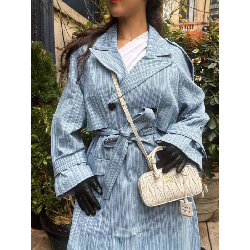 Damen Trenchcoat mit gestreiftem Design und Bindegürtel R&B
