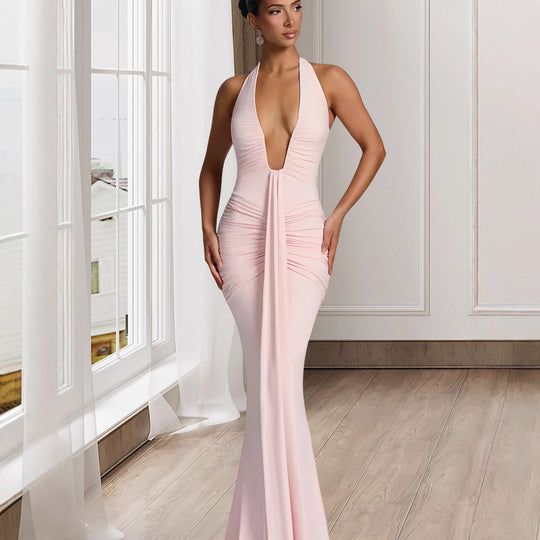 Damen Elegantes Wickelkleid mit tiefem V-Ausschnitt und fließendem Rock R&B
