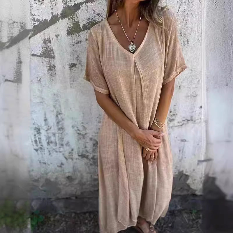 Damen lässiges Langarmkleid mit elegantem V-Ausschnitt und fließendem Design R&B