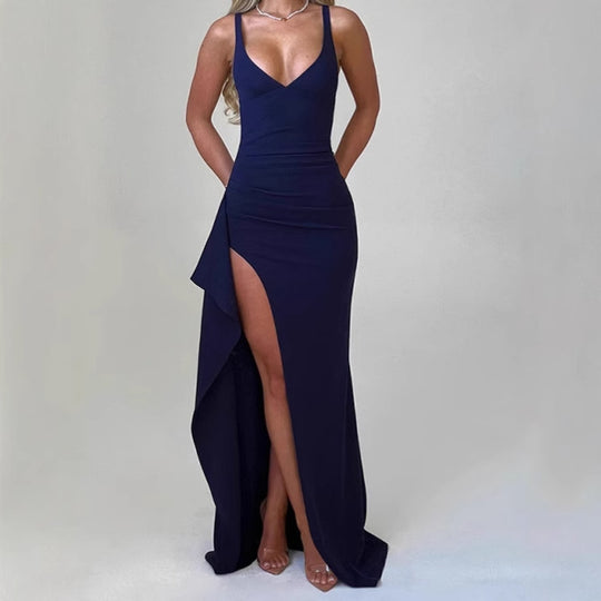 Damen Elegantes Maxikleid mit seitlichem Schlitz und verführerischem V-Ausschnitt R&B