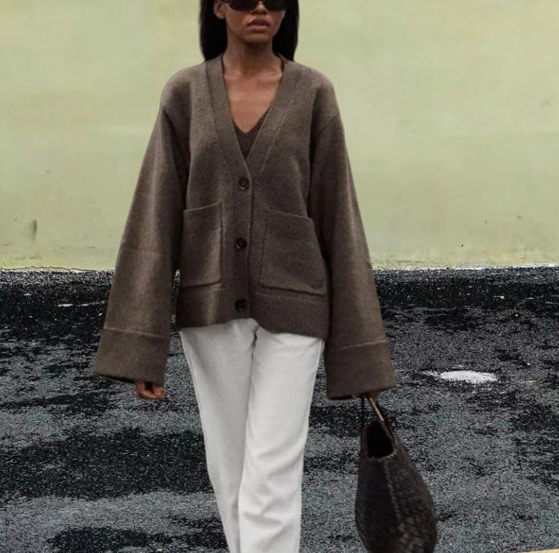 Damen Lässiger Strickjacke mit großen Taschen und offenem Schnitt R&B