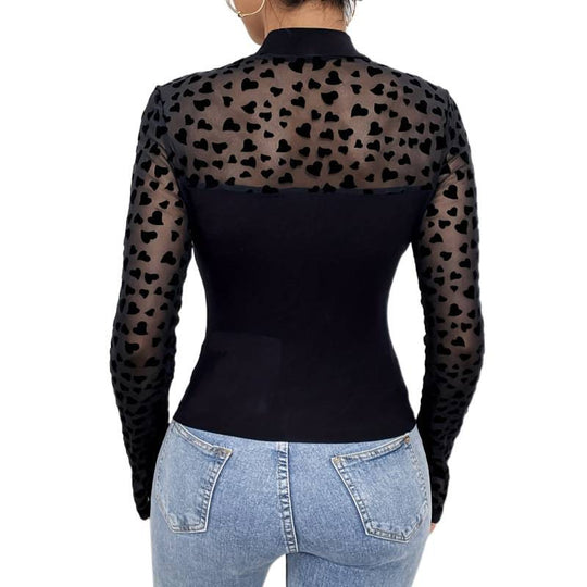 Damen Langarm-Body mit transparenten Herzen und elegantem Stehkragen R&B