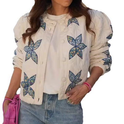 Damen gesteppte Bomberjacke mit floralem Design und elastischen Bündchen R&B