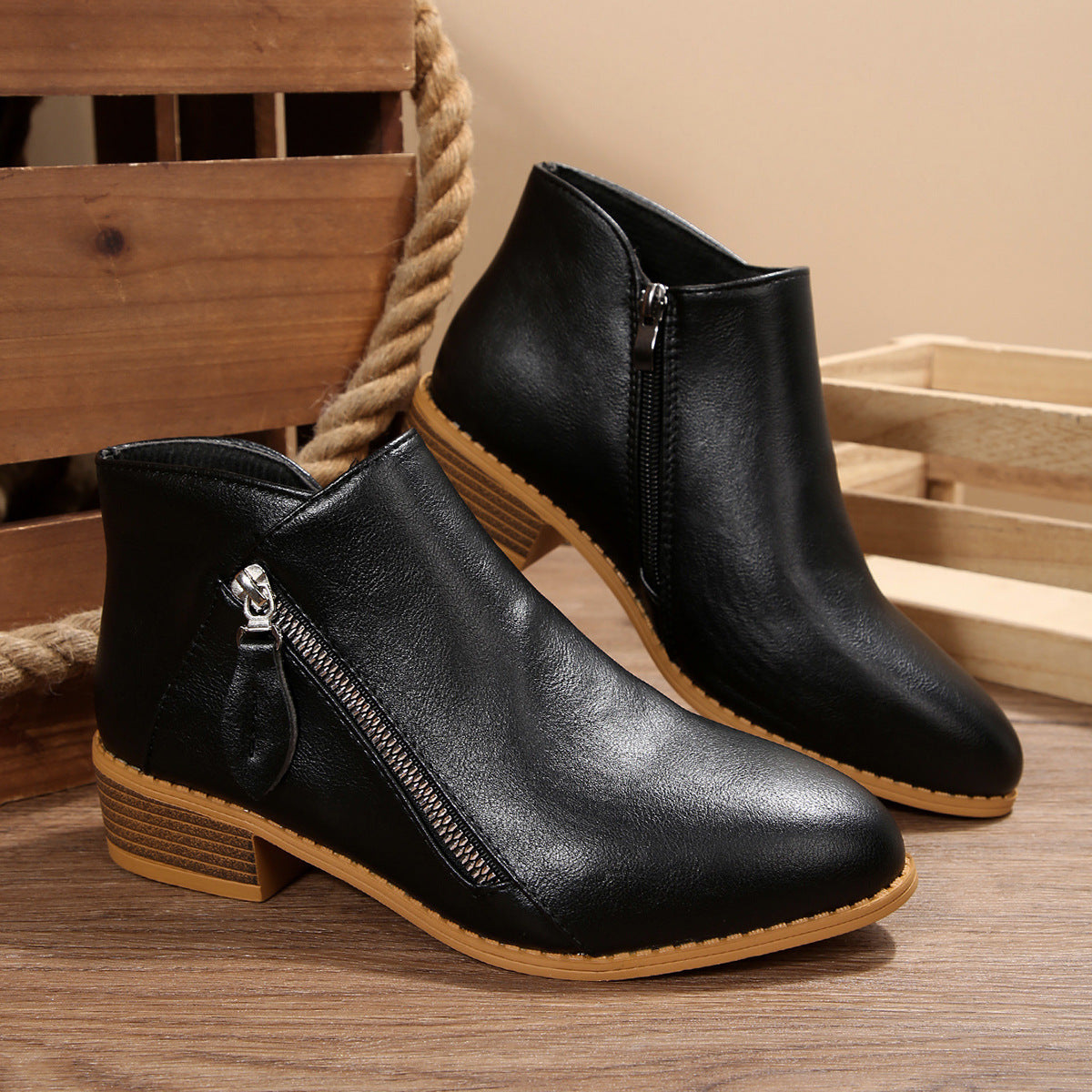 Damen Modische Stiefeletten mit seitlichem Reißverschluss und bequemem Blockabsatz