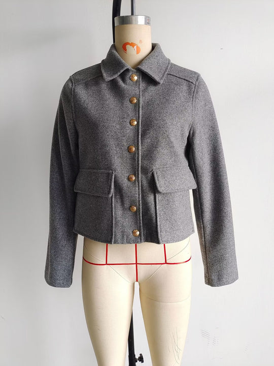 Damen modische Kurzjacke mit praktischen Taschen und goldenen Knöpfen R&B