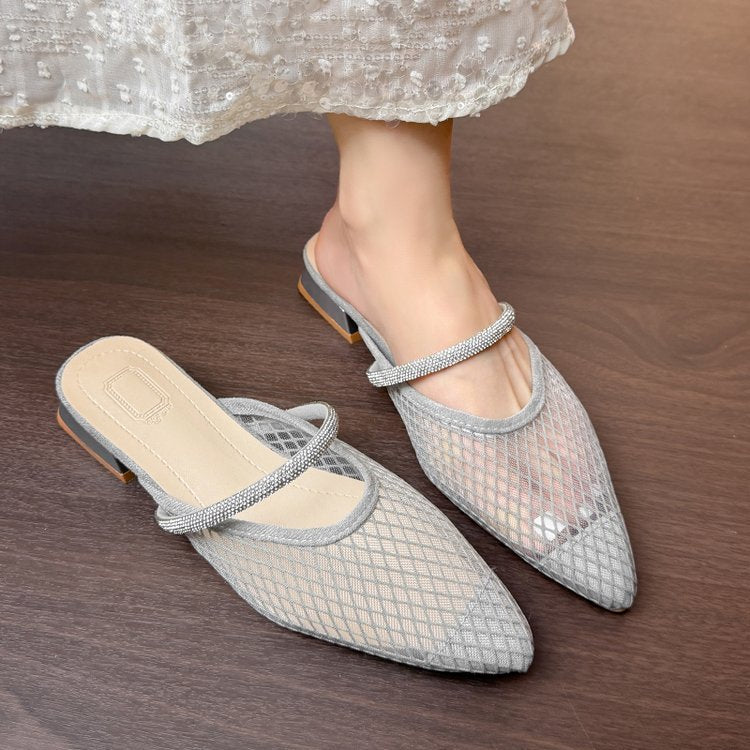 Damen transparente Netz-Mules mit funkelndem Riemen R&B