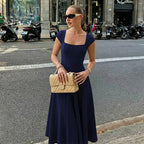 Damen Elegantes Maxikleid mit quadratischem Ausschnitt und fließendem Rock R&B
