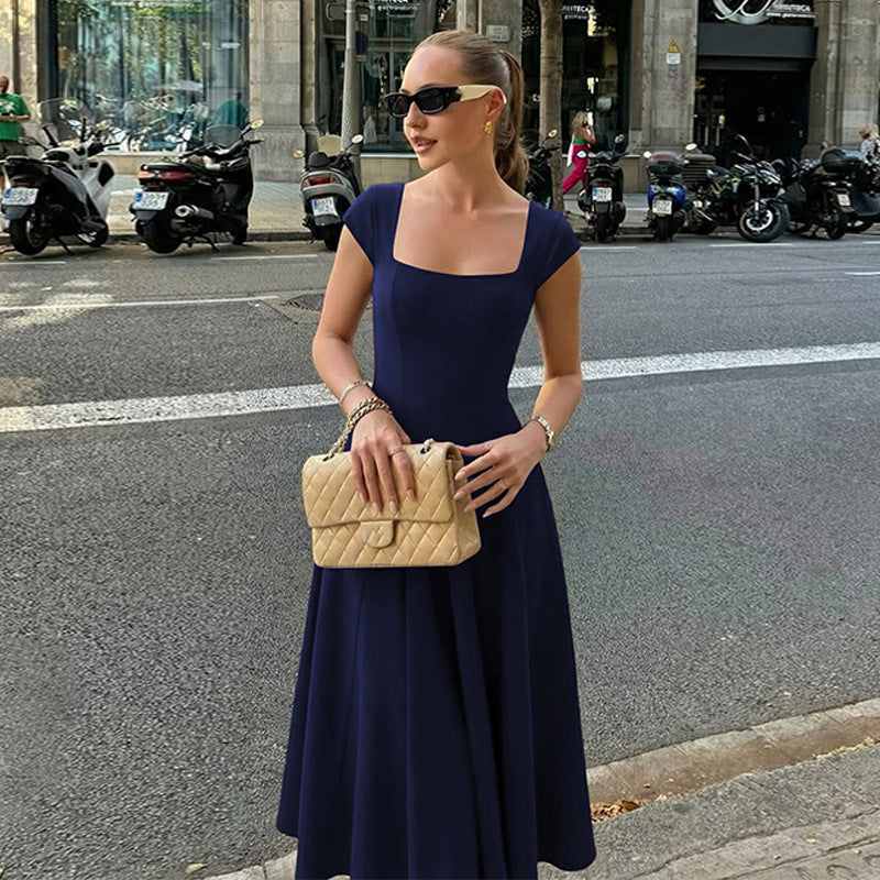 Damen Elegantes Maxikleid mit quadratischem Ausschnitt und fließendem Rock R&B