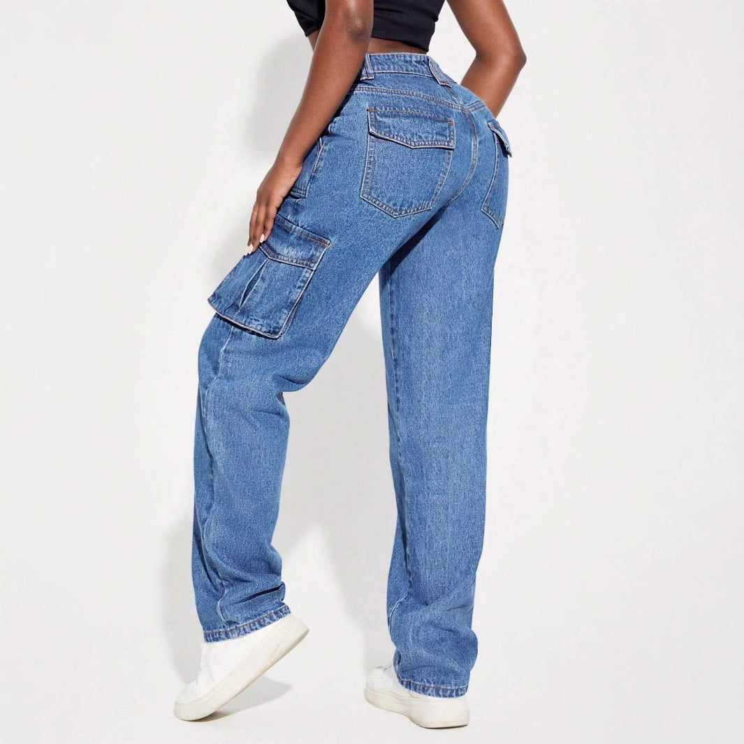 Damen Vintage Cargo Jeans mit elastischem Bund und seitlichen Taschen R&B