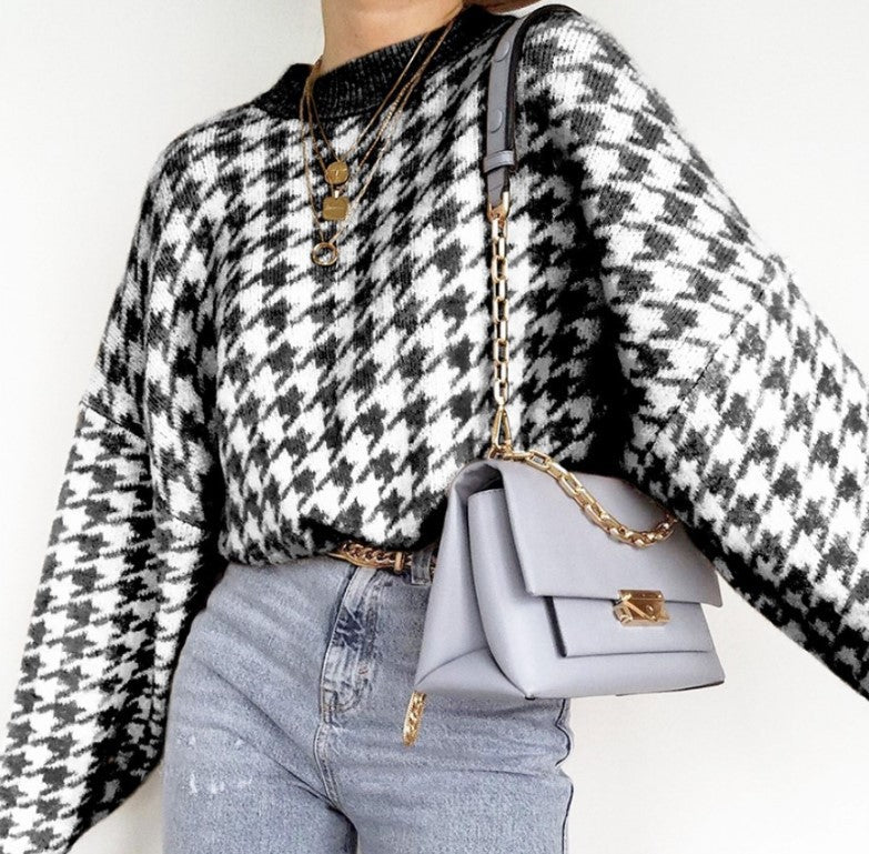 Damen Grobstrickpullover mit modernem Hahnentrittmuster und lässigem Schnitt R&B