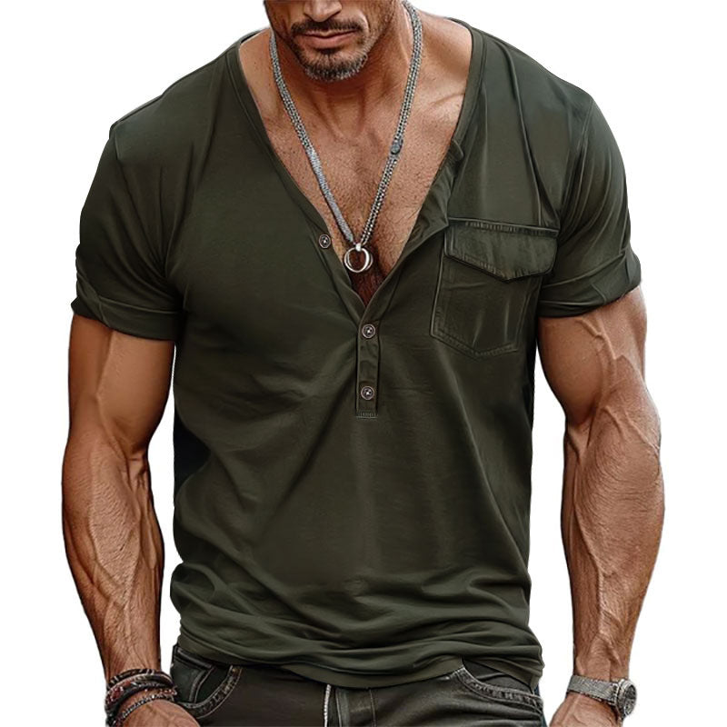 Herren Kurzarm-Henley-T-Shirt mit dekorativer Brusttasche und modernem Schnitt R&B