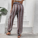 Damen Freizeithose im Bohemian-Stil mit elastischem Bund und Blumenmuster
